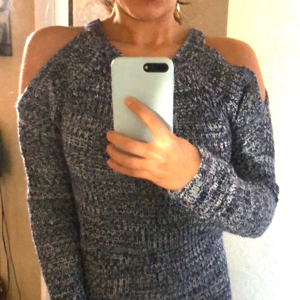 Off the Shoulder Blue and White Knitted Sweater